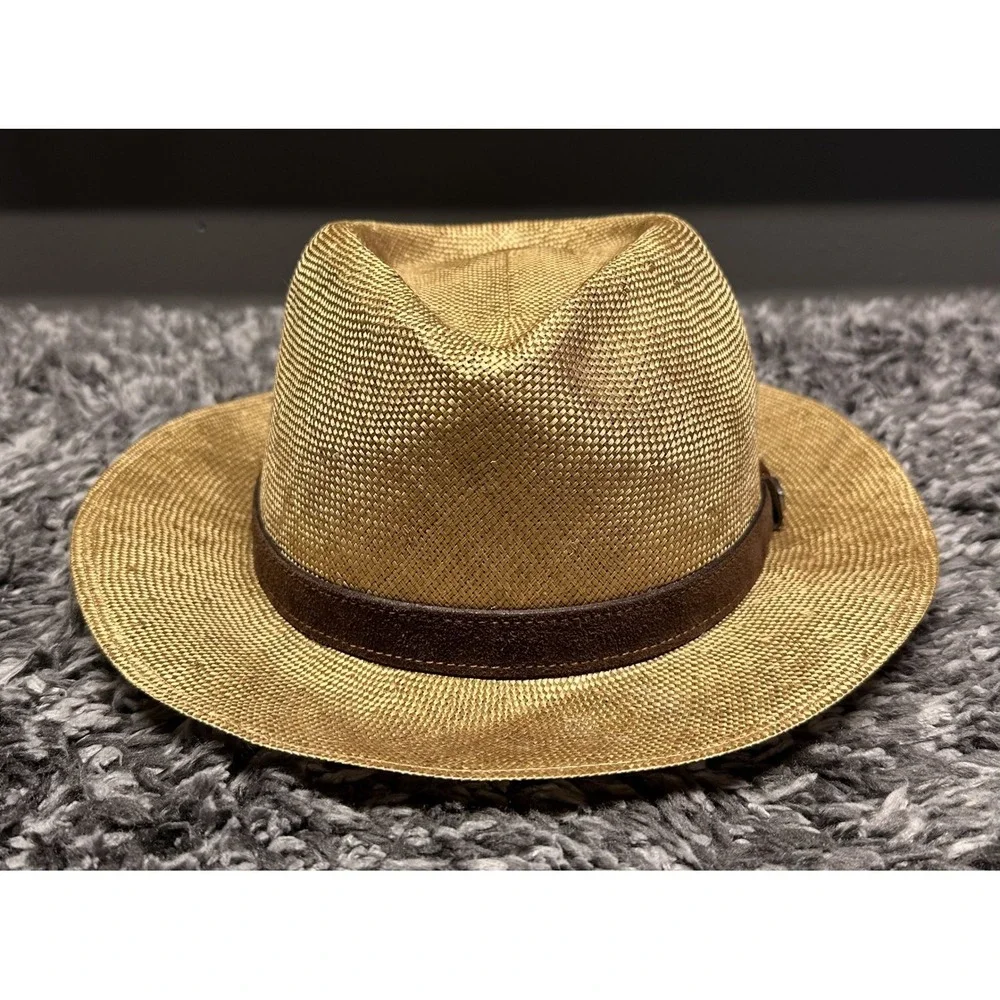 Borsalino Fedora Hat Mens 7 1/2 Beige Genuine Straw Suede Band Italy Classic
